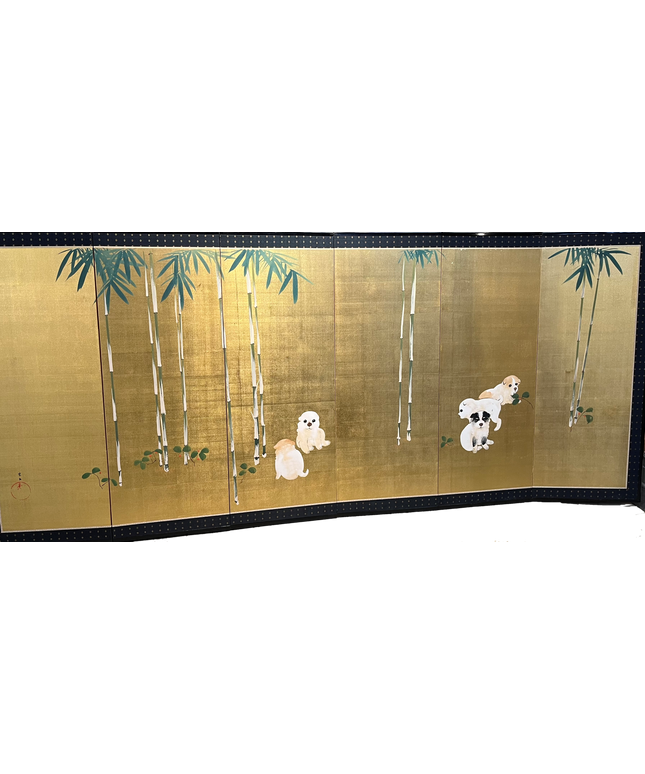 Six-Panel Puppy and Bamboo Byobu