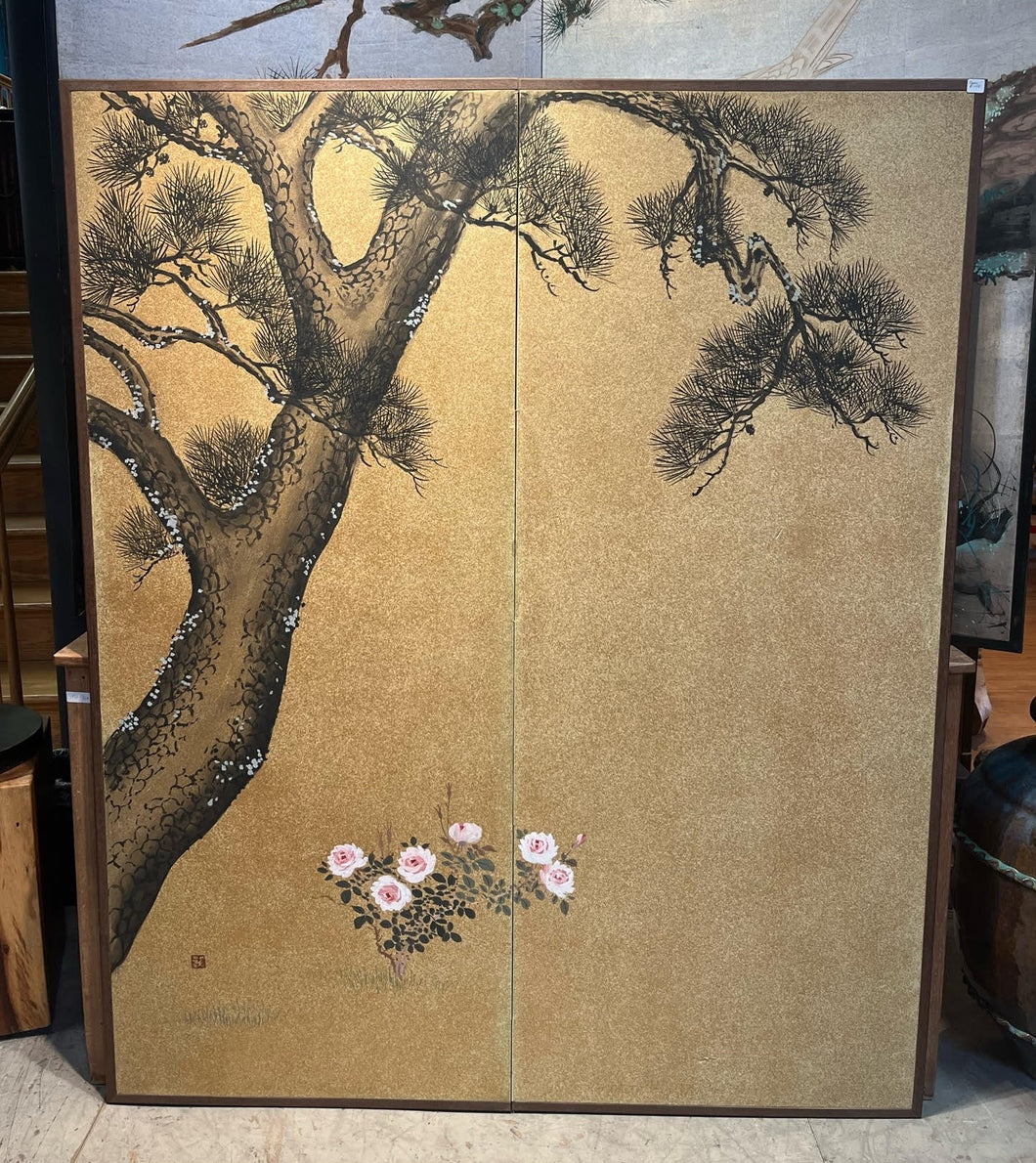 Two-Panel Floral Pine Byobu