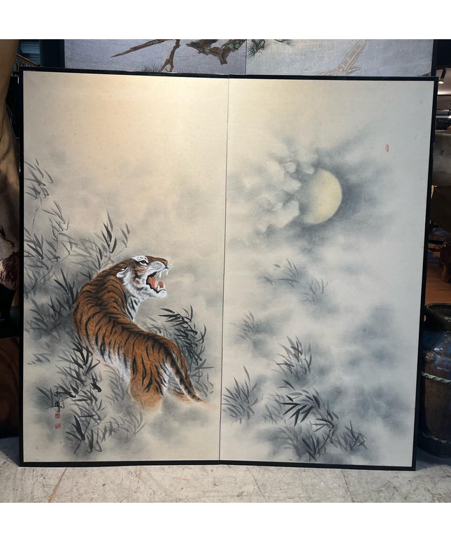 Two-Panel Nighttime Tiger Byobu