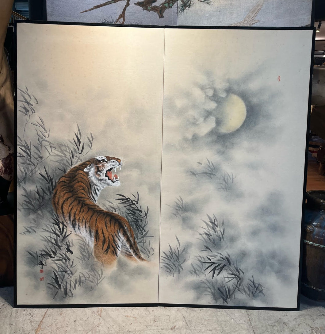 Two-Panel Nighttime Tiger Byobu