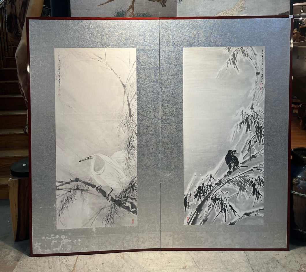Two-Panel Crane Byobu