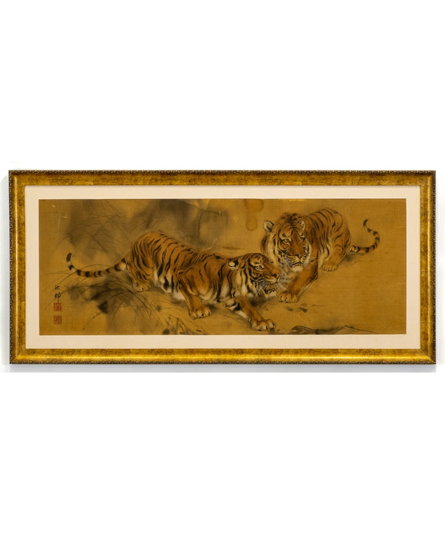 Framed Japanese Two Tigers Painting