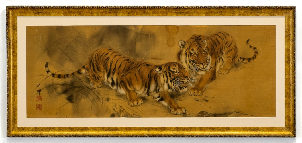 Framed Japanese Two Tigers Painting