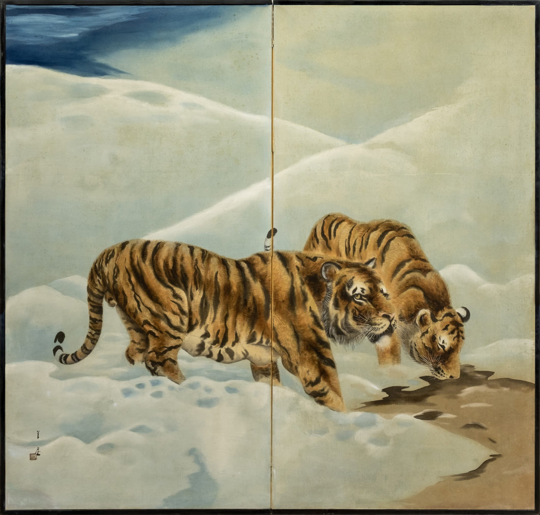 Two-Panel Tigers in Snow Byobu