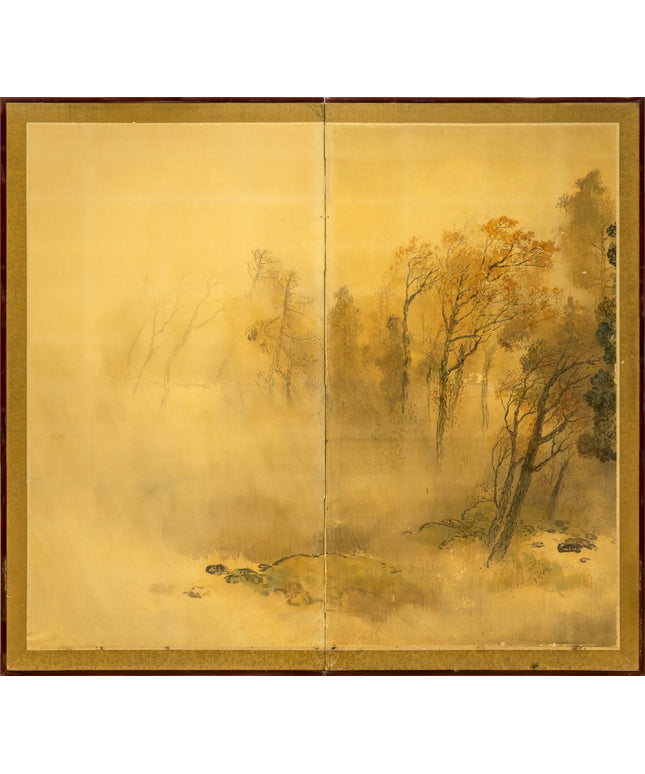 Two-Panel Gold Autumn Scene Byobu
