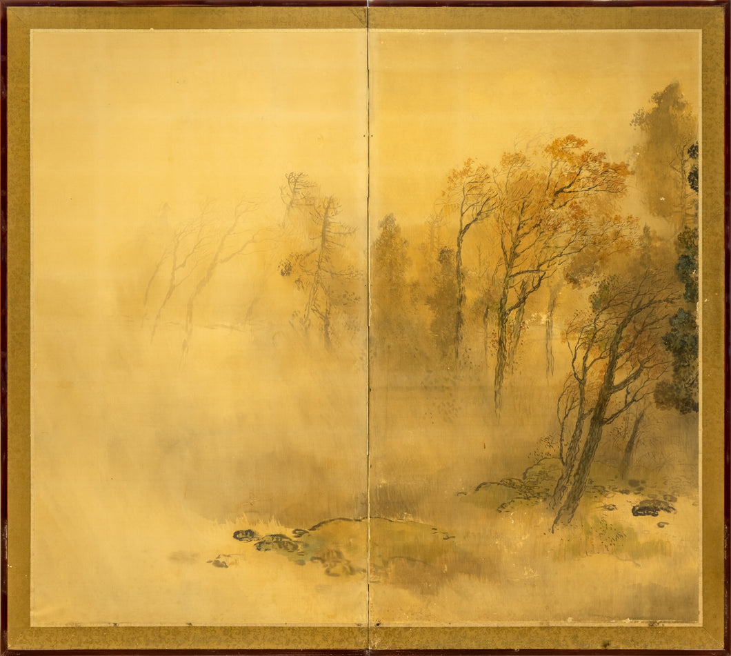 Two-Panel Gold Autumn Scene Byobu