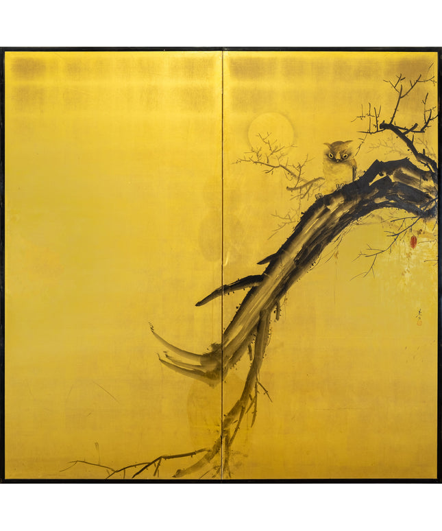 Two-Panel Gold Owl Byobu