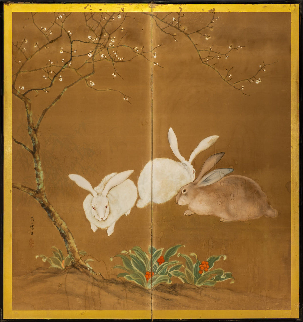 Two-Panel Three Rabbits Byobu