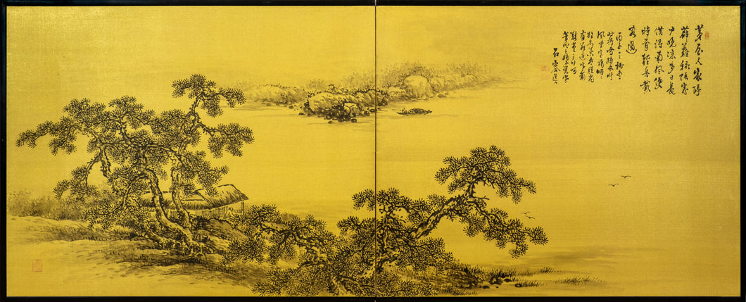 Two-Panel Gold River Side Scene Byobu
