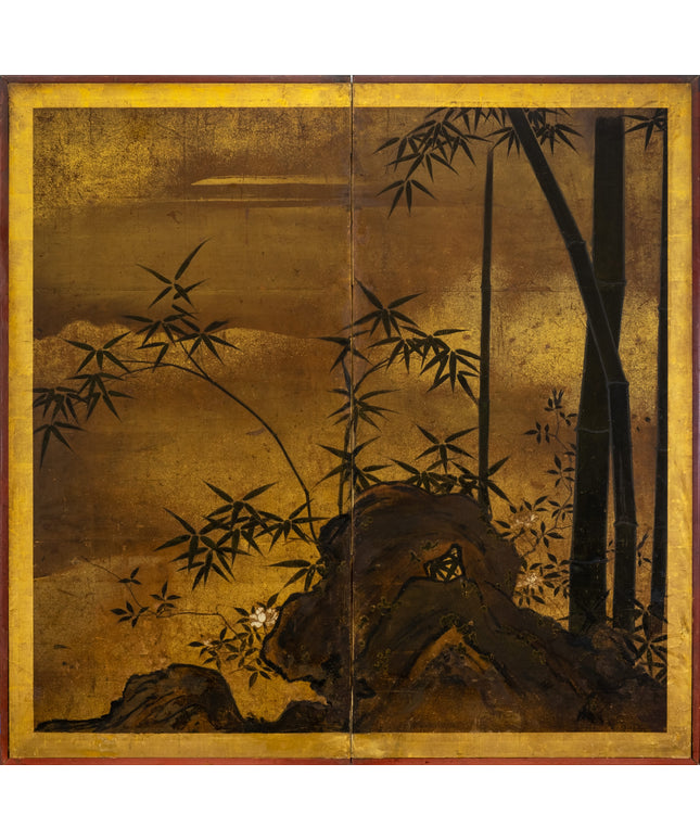 Two-Panel Gold Bamboo Patch Byobu