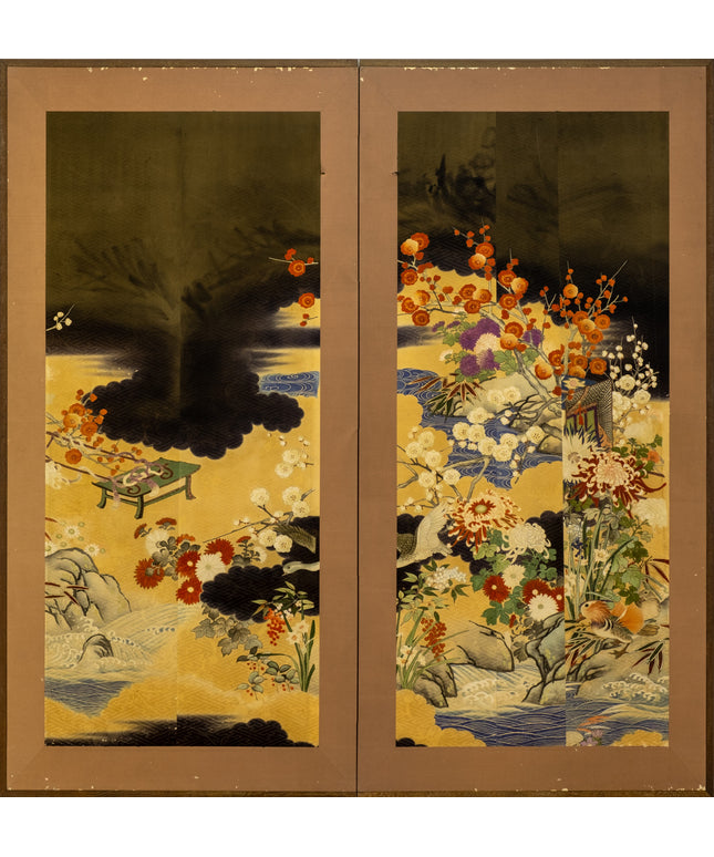 Two-Panel Flowers Silk Byobu
