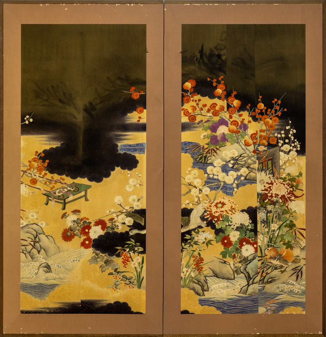 Two-Panel Flowers Silk Byobu