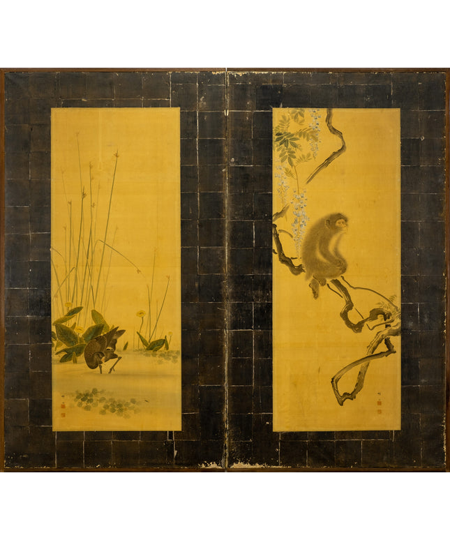 Two-Panel Duck & Monkey Byobu