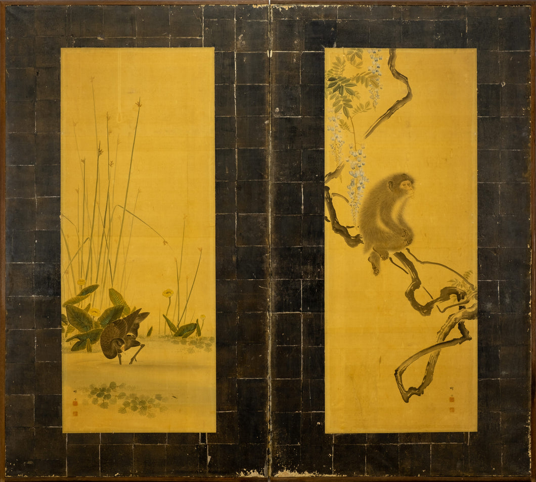 Two-Panel Duck & Monkey Byobu