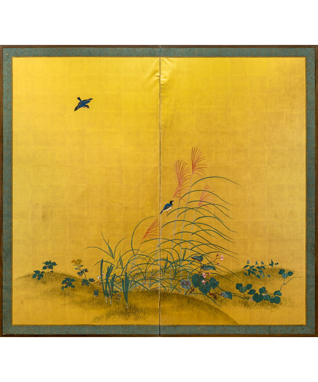 Two-Panel Gold Birds & Flowers Byobu