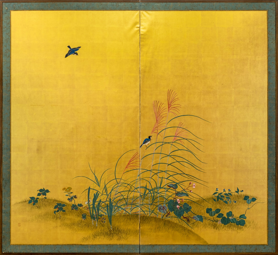 Two-Panel Gold Birds & Flowers Byobu
