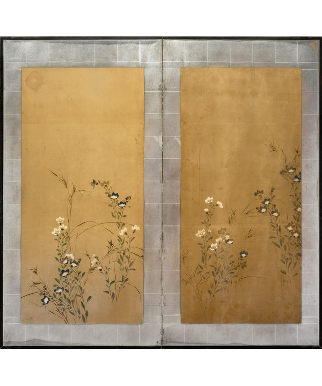 Two-Panel Flowers Silver Frame Byobu