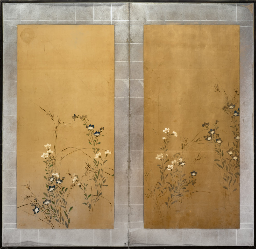 Two-Panel Flowers Silver Frame Byobu
