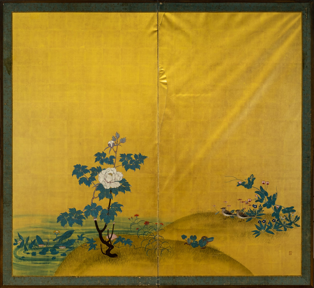 Two-Panel Gold Birds On River Byobu