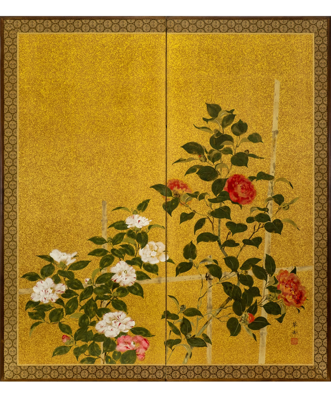 Two-Panel Gold Roses Byobu