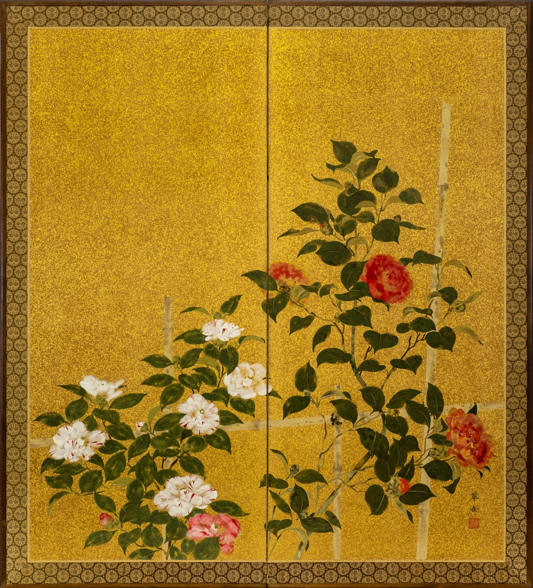 Two-Panel Gold Roses Byobu