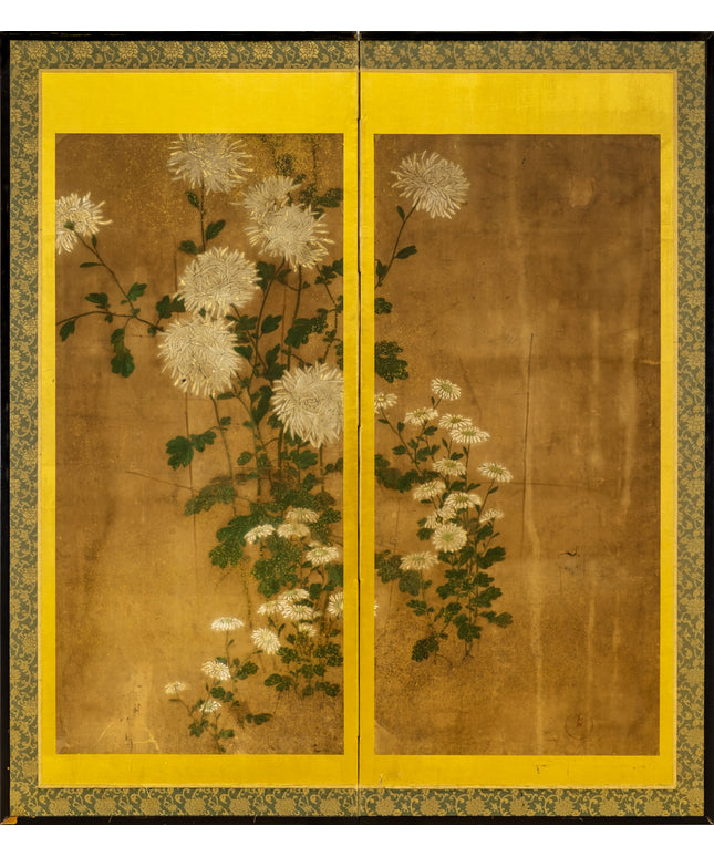 Two-Panel Gold Chrysanthemum Byobu