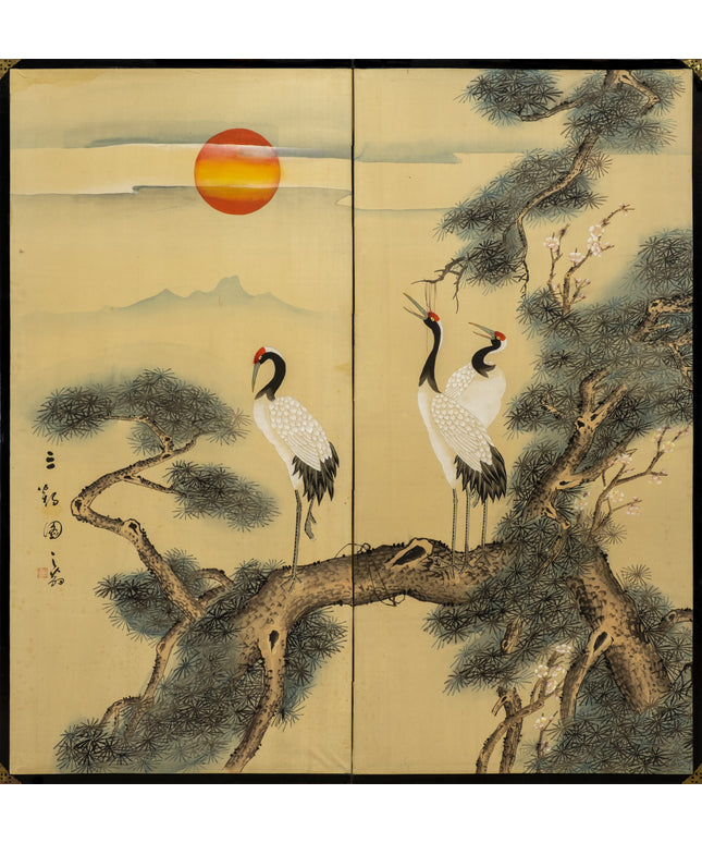 Two-Panel Crane Sunrise Byobu