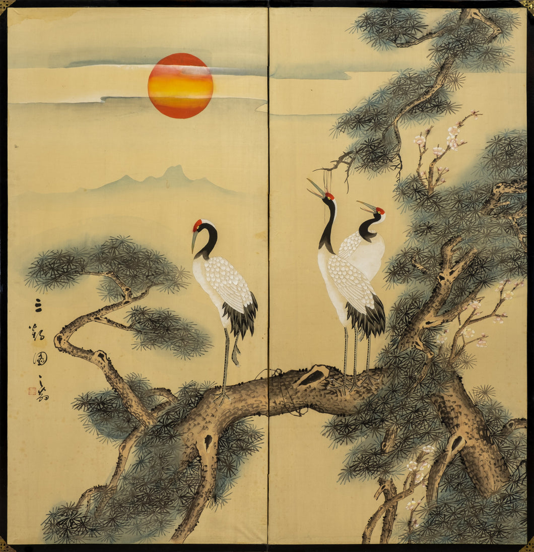 Two-Panel Crane Sunrise Byobu